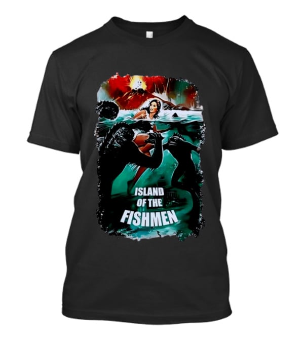 Island Of The Fishmen Vintage Movie Scene With Sea Monsters And Volcano T-Shirt