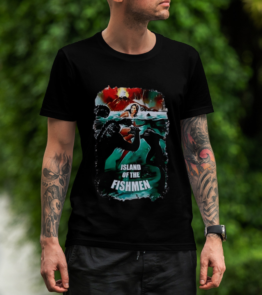 Island Of The Fishmen Vintage Movie Scene With Sea Monsters And Volcano T-Shirt