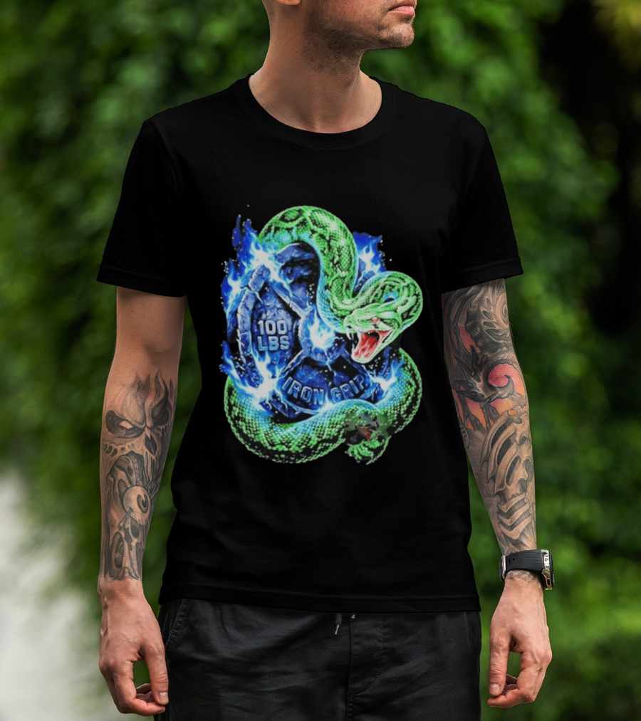 100 Lbs Iron Grip Snake With Lightning And Dumbbell T-Shirt