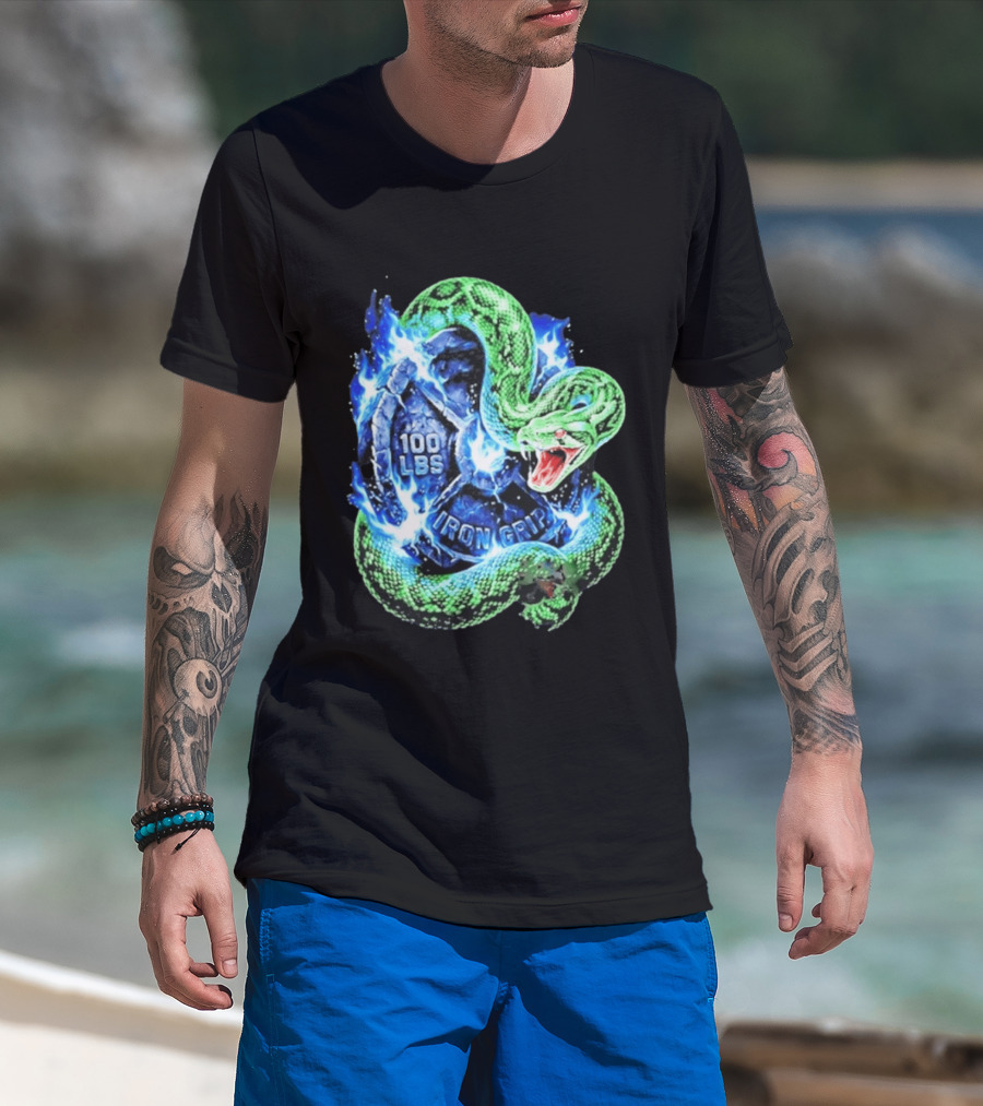 100 Lbs Iron Grip Snake With Lightning And Dumbbell T-Shirt