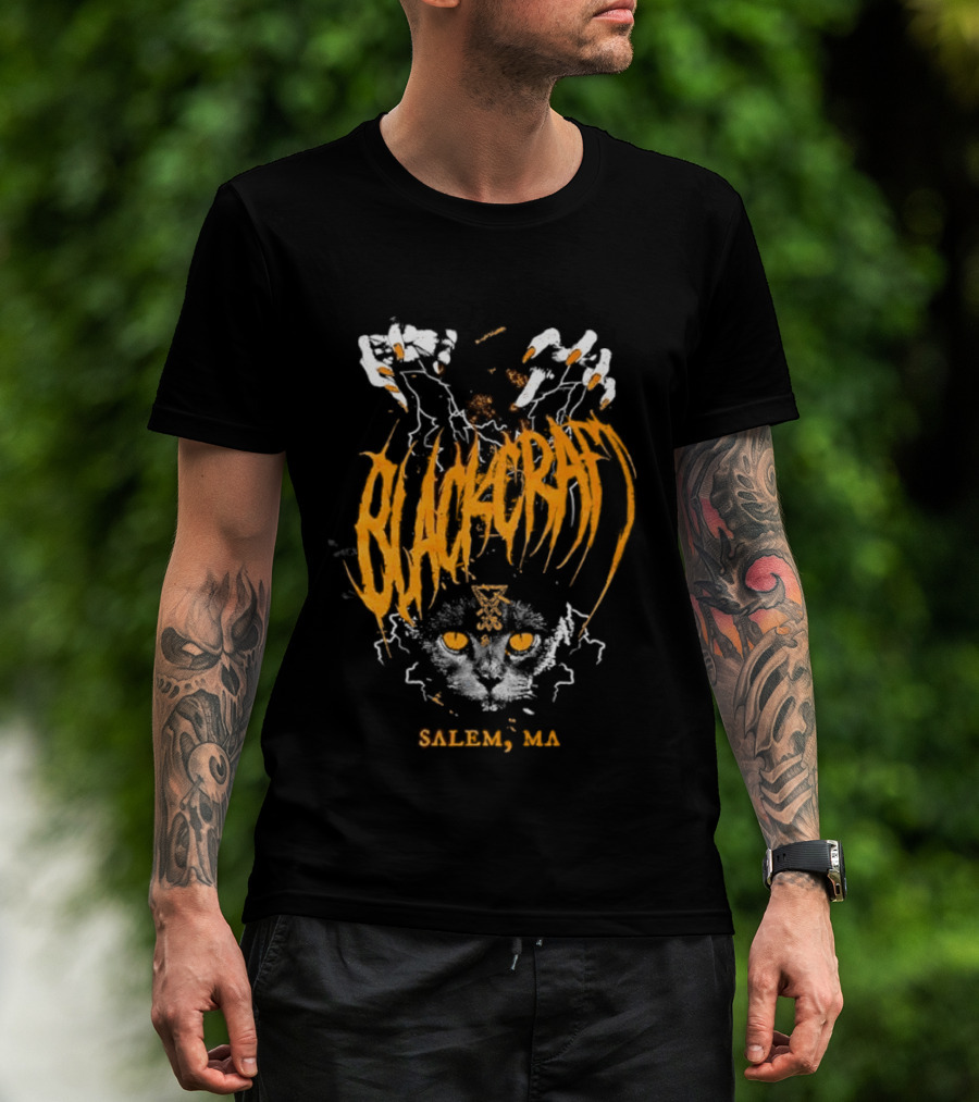 Blackcraft Salem MA Cat Occult Theme With Leviathan Cross T-Shirt