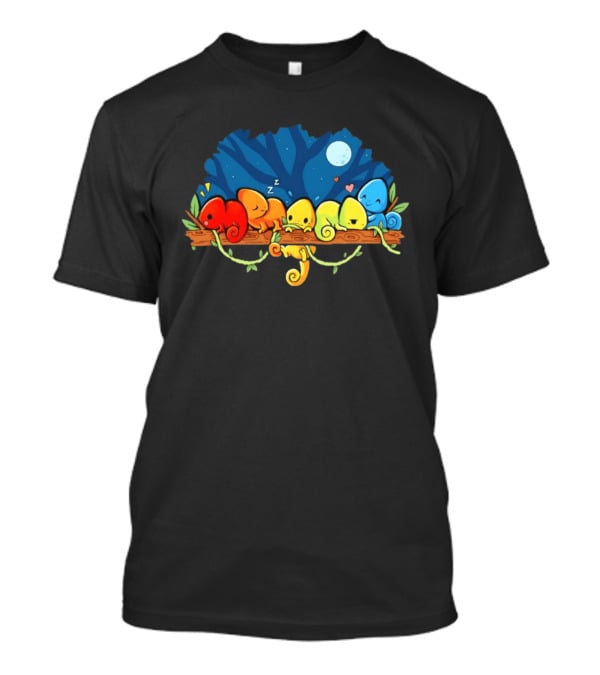 Colorful Chameleons Sitting On A Tree Branch Under Night Sky With Moon And Hearts T-Shirt