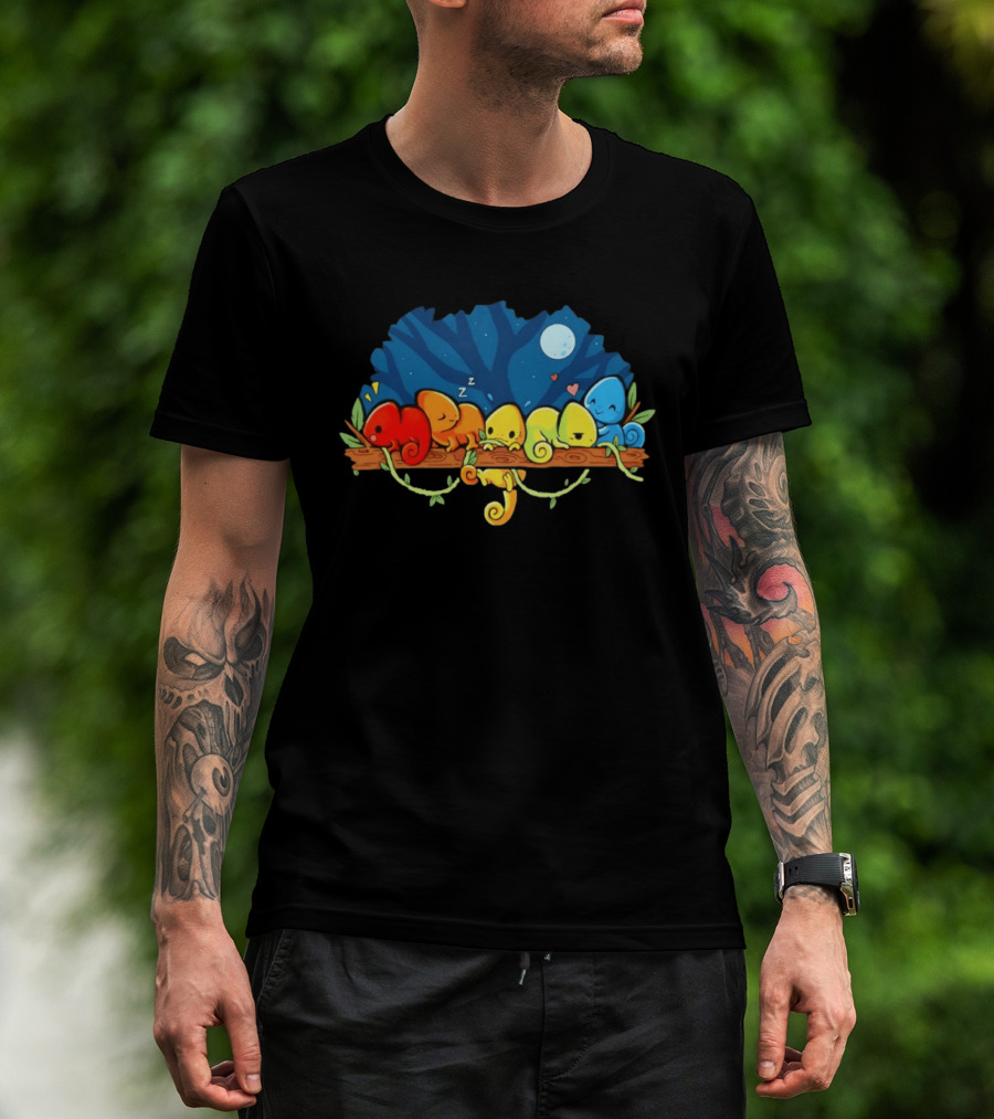 Colorful Chameleons Sitting On A Tree Branch Under Night Sky With Moon And Hearts T-Shirt