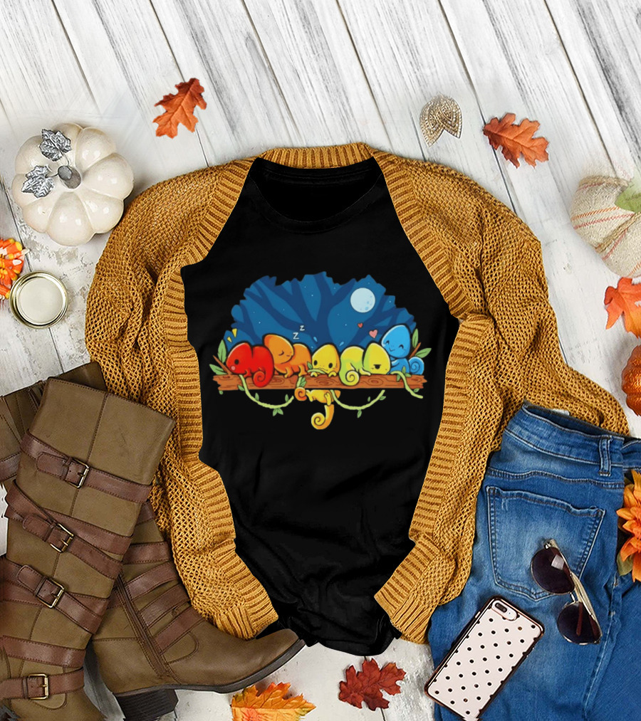 Colorful Chameleons Sitting on a Tree Branch Under Night Sky with Moon and Hearts T-Shirt