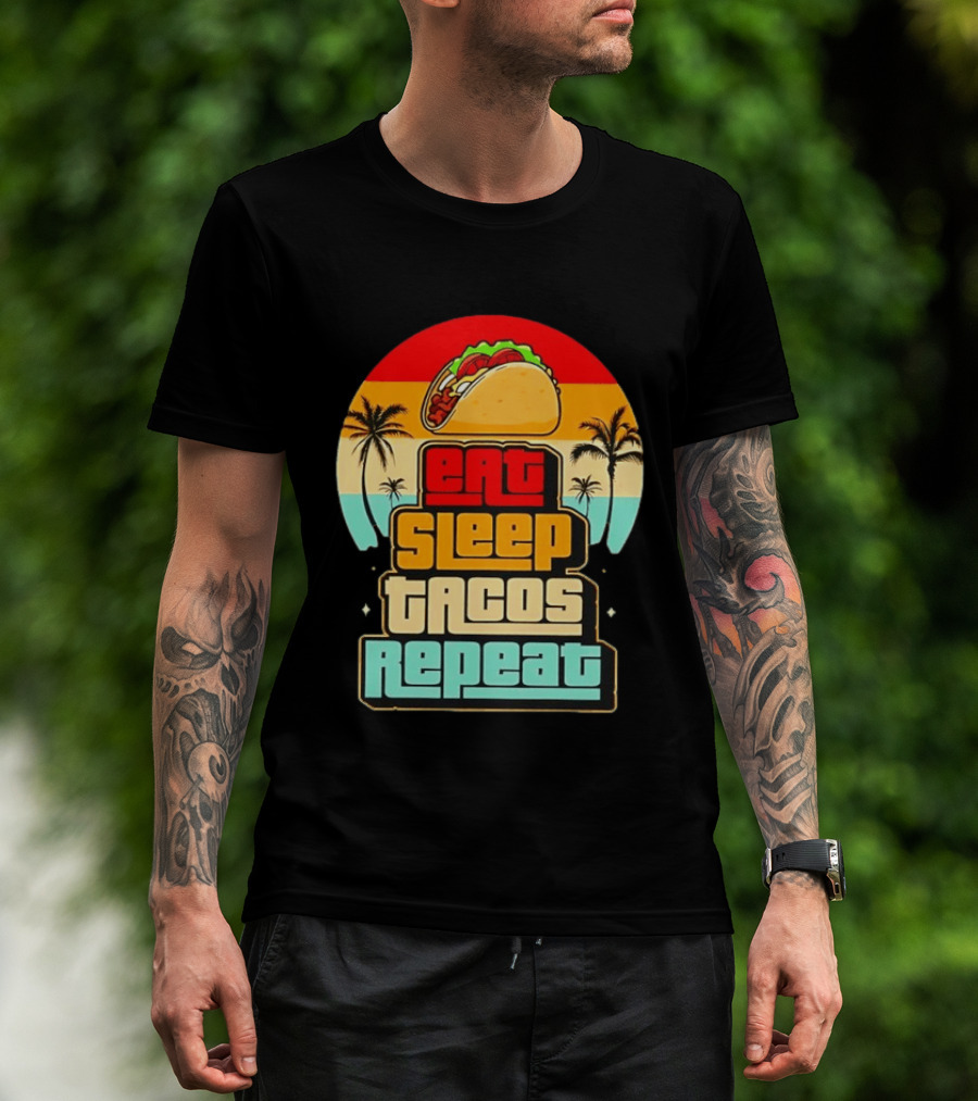 Eat Sleep Tacos Repeat Gaming Retro Sunset Palm Trees T-Shirt