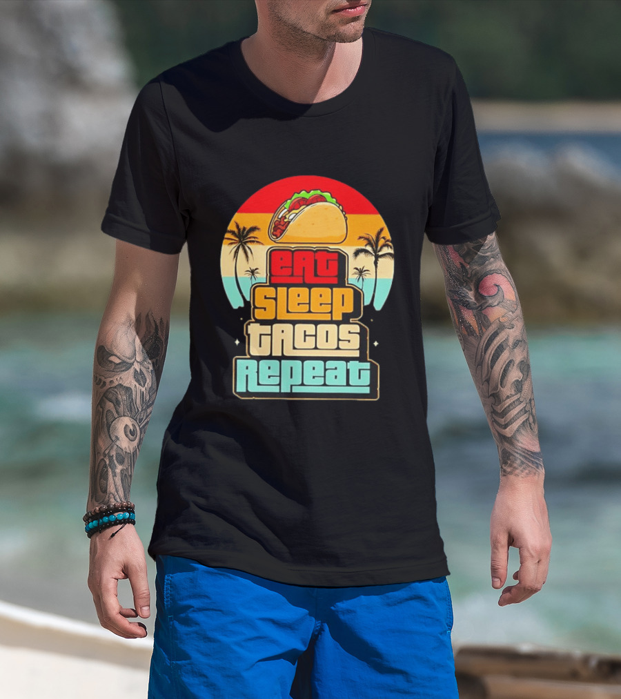 Eat Sleep Tacos Repeat Gaming Retro Sunset Palm Trees T-Shirt
