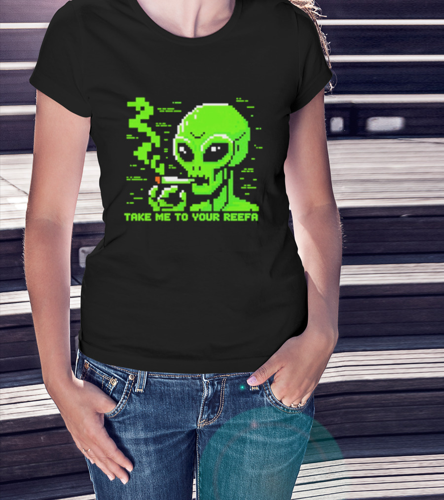 Take Me To Your Reefa Alien Smoking Pixel Art Green Extraterrestrial T-Shirt