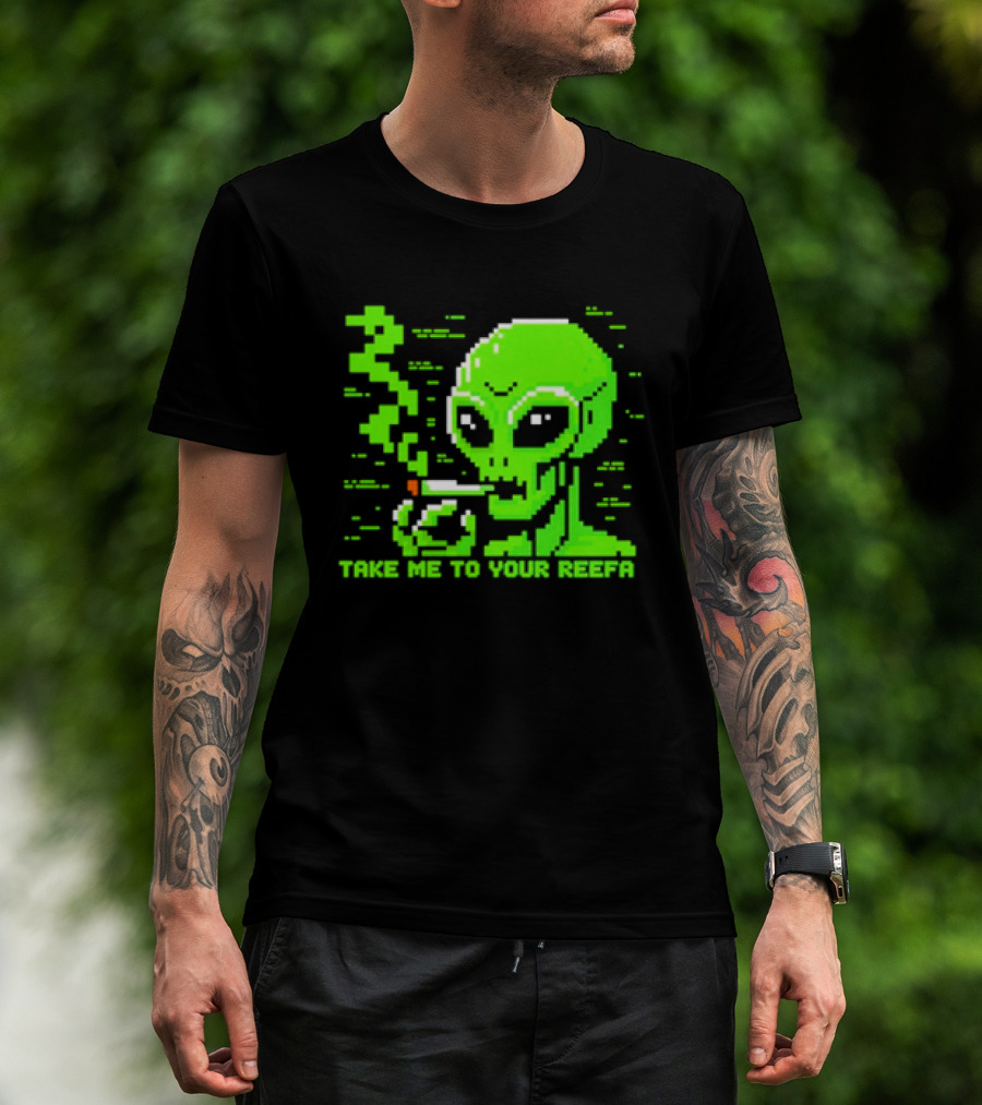 Take Me To Your Reefa Alien Smoking Pixel Art Green Extraterrestrial T-Shirt