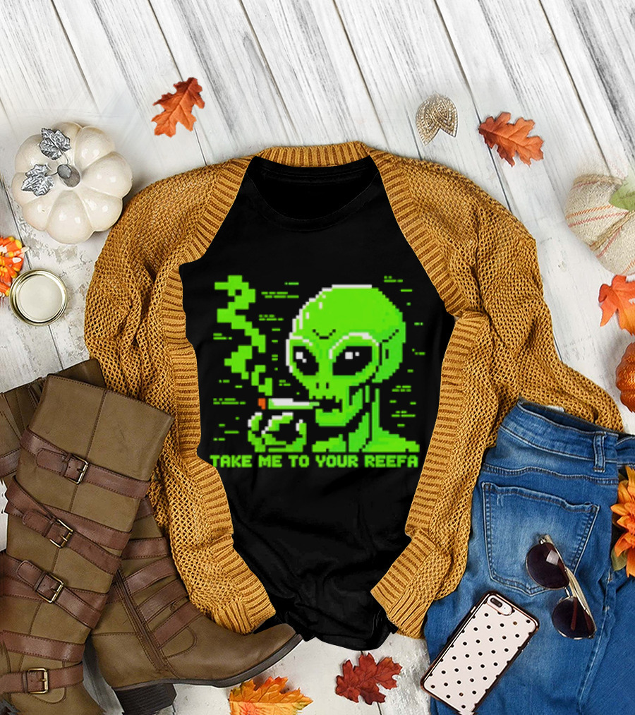 Take Me to Your Reefa Alien Smoking Pixel Art Green Extraterrestrial T-Shirt