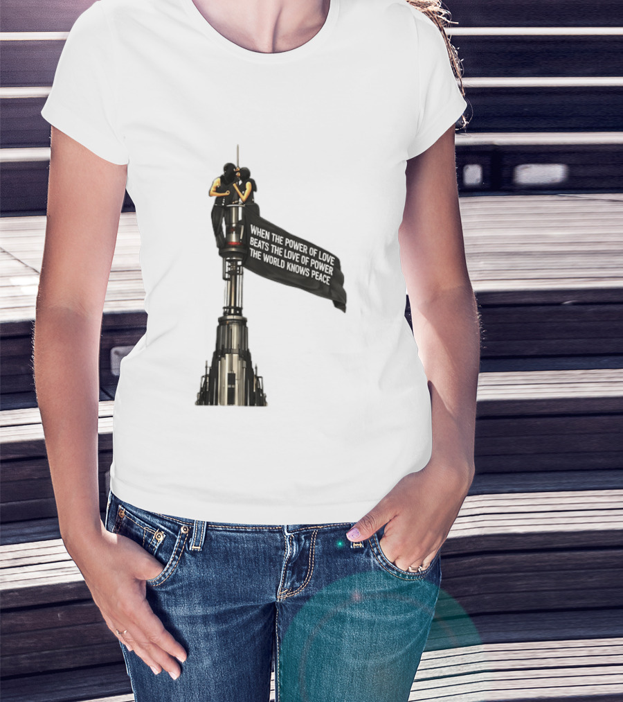 Angela Nikolau And Ivan Beerkus Love And Peace Flag On Empire State Building T-Shirt