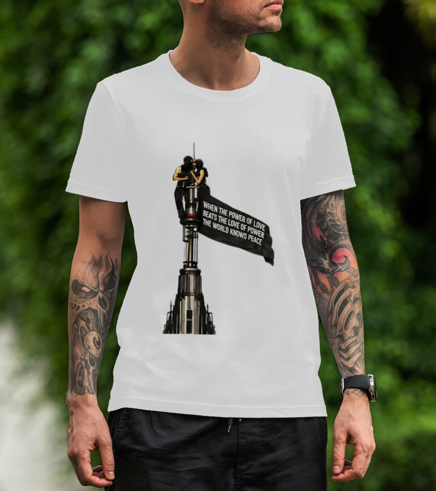 Angela Nikolau And Ivan Beerkus Love And Peace Flag On Empire State Building T-Shirt