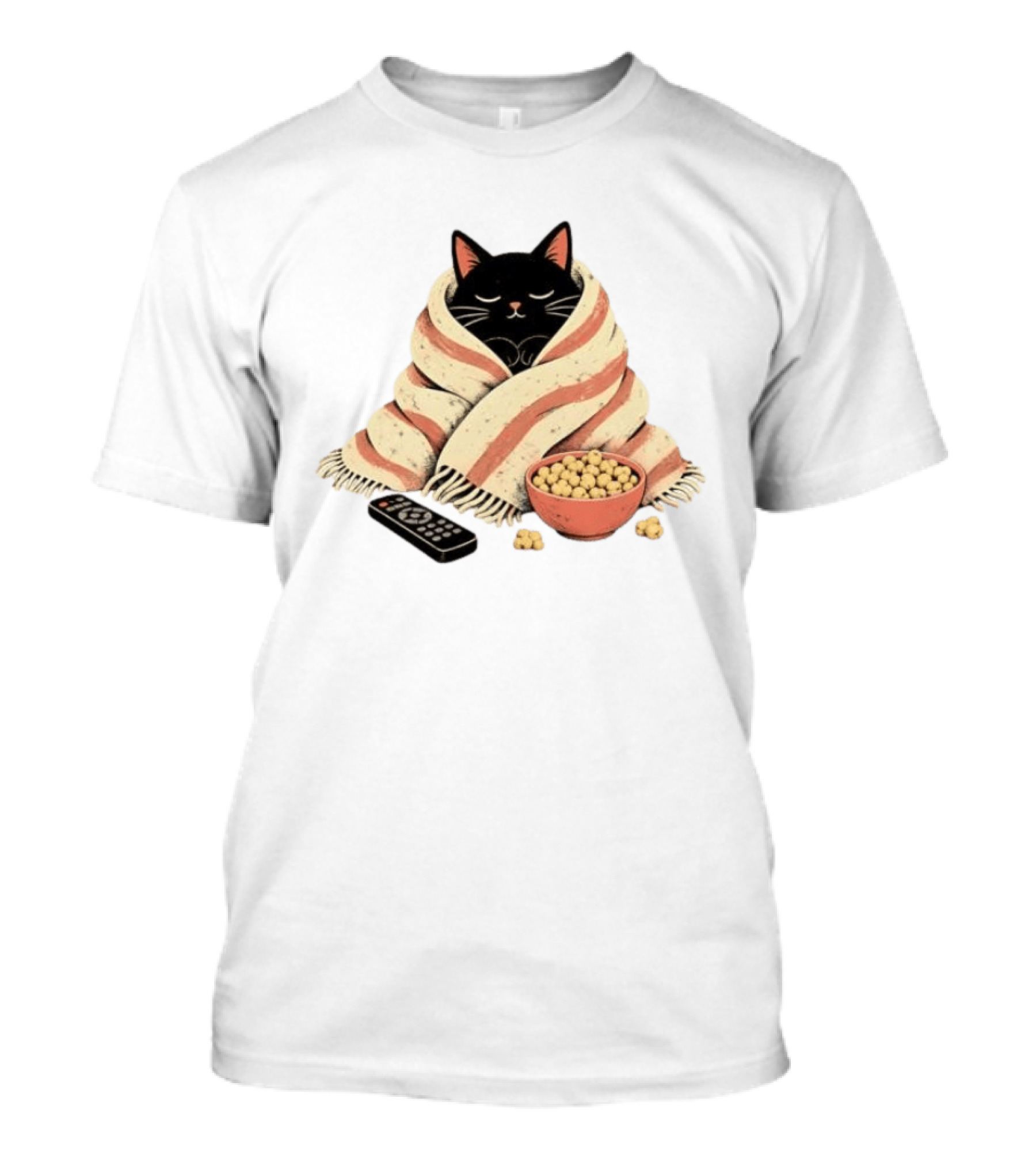 Cozy Black Cat Wrapped In Blanket With Popcorn And Remote T-Shirt
