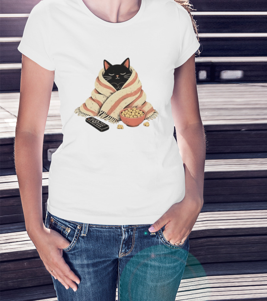 Cozy Black Cat Wrapped In Blanket With Popcorn And Remote T-Shirt