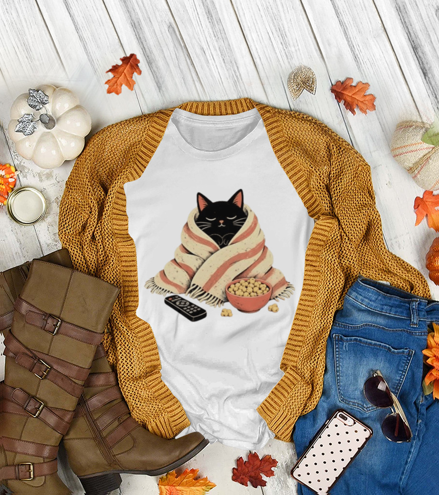 Cozy Black Cat Wrapped In Blanket With Popcorn And Remote T-Shirt