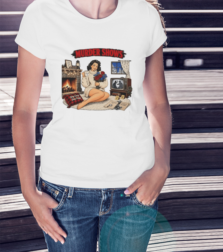Murder Shows Cozy Creepy Mystery Scene With Fire, Roses, And Vintage TV T-Shirt