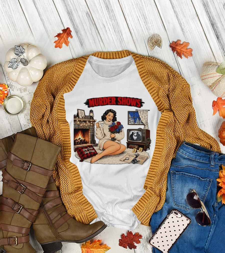 Murder Shows Cozy Creepy Mystery Scene with Fire, Roses, and Vintage TV T-Shirt