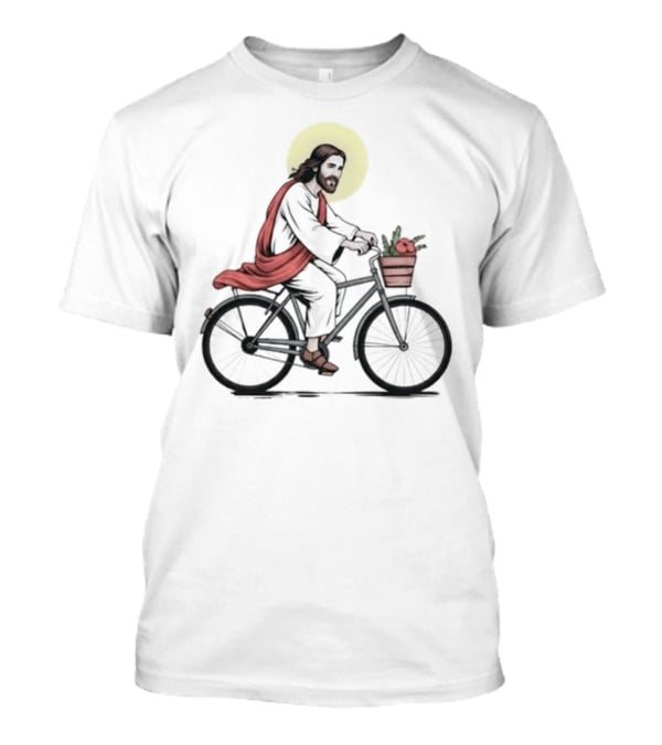Christ On A Bike British Slang Jesus Cycling With Halo And Groceries T-Shirt