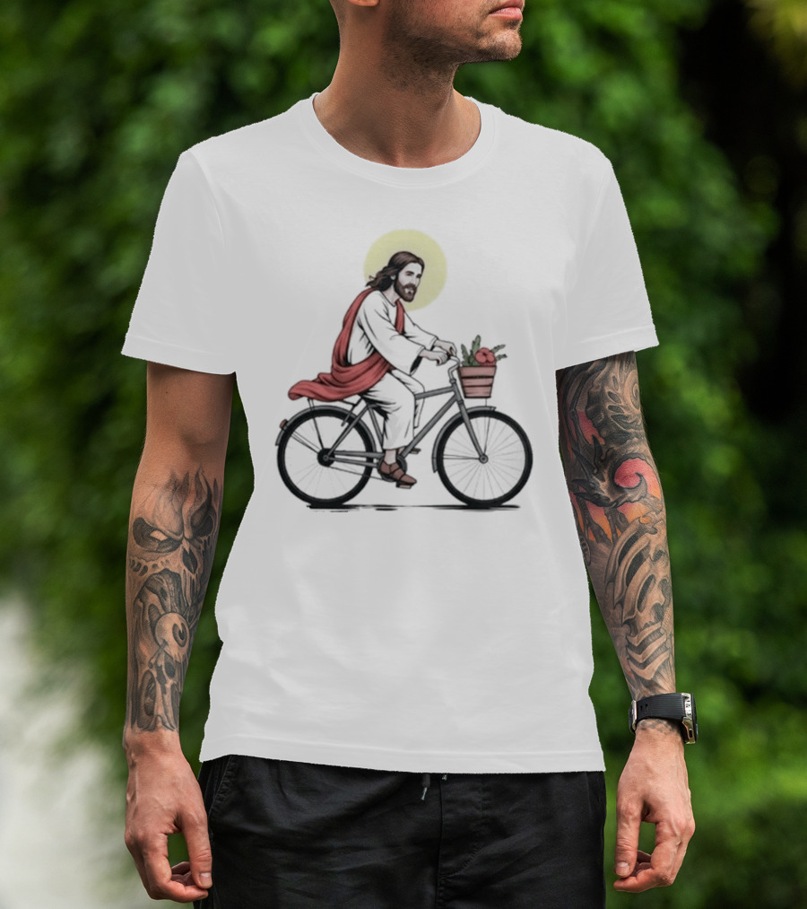 Christ On A Bike British Slang Jesus Cycling With Halo And Groceries T-Shirt