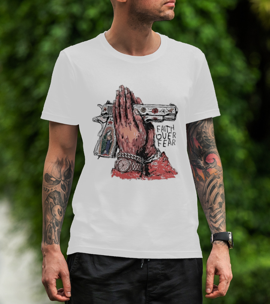 Our Lady Of Guadalupe Praying Hands Gun Faith Over Fear T-Shirt