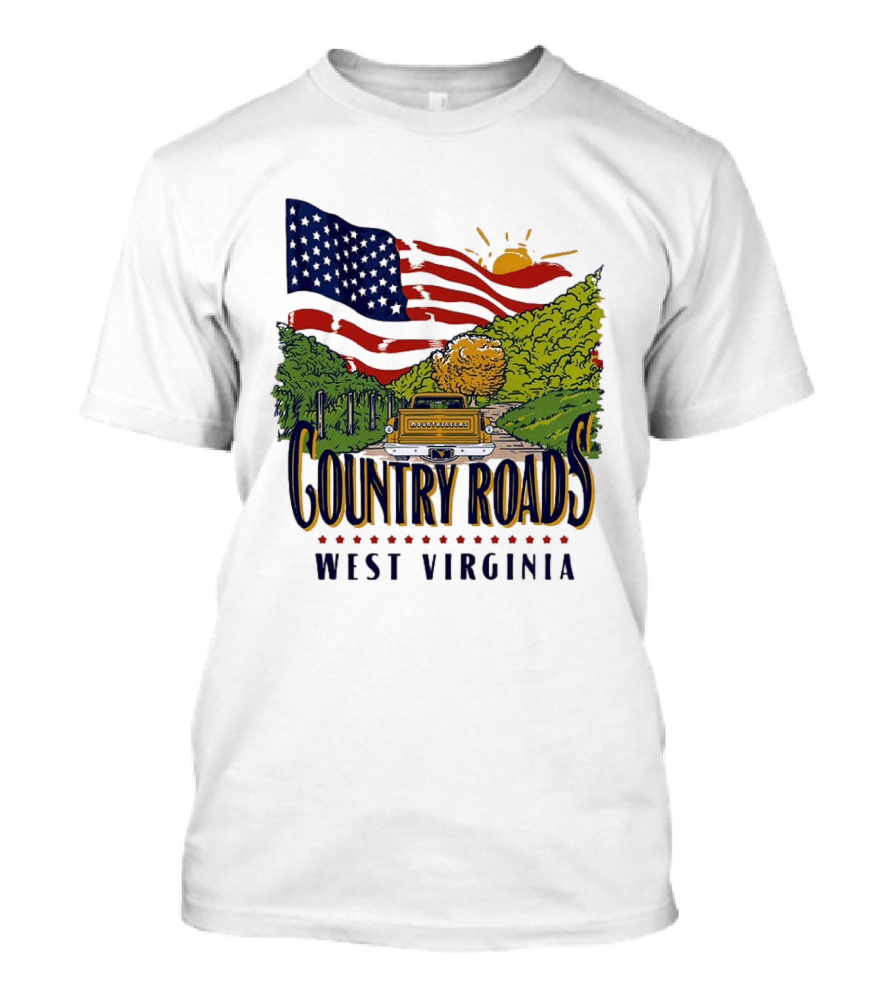 Country Roads West Virginia American USA Flag Vintage Truck Scenic Route T-Shirt