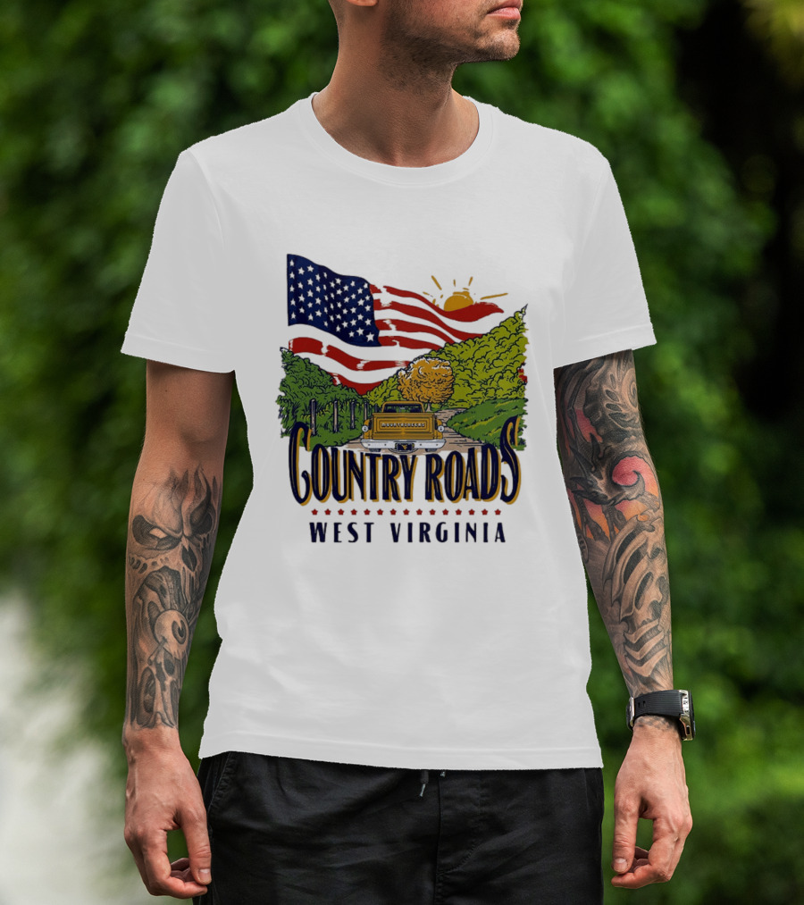 Country Roads West Virginia American USA Flag Vintage Truck Scenic Route T-Shirt