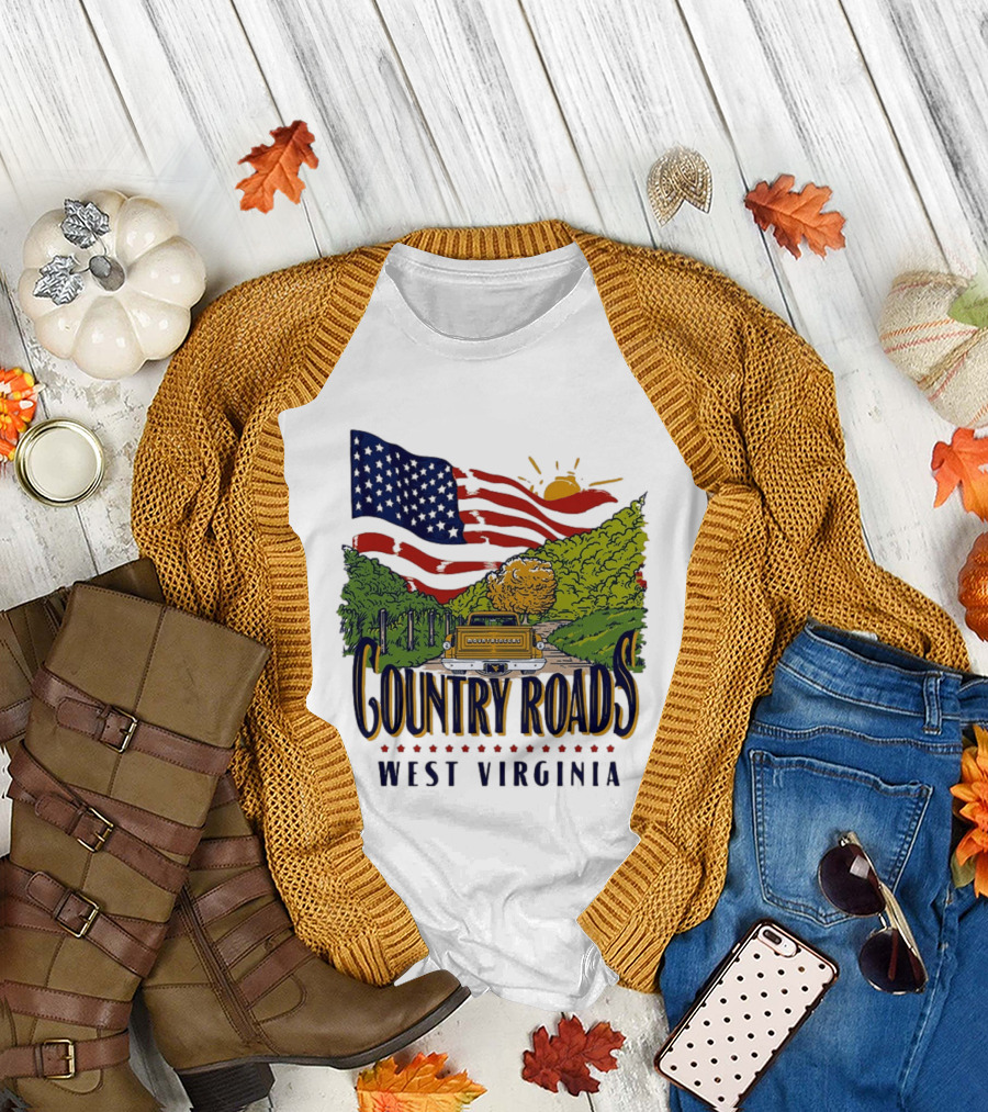 Country Roads West Virginia American USA Flag Vintage Truck Scenic Route T-Shirt