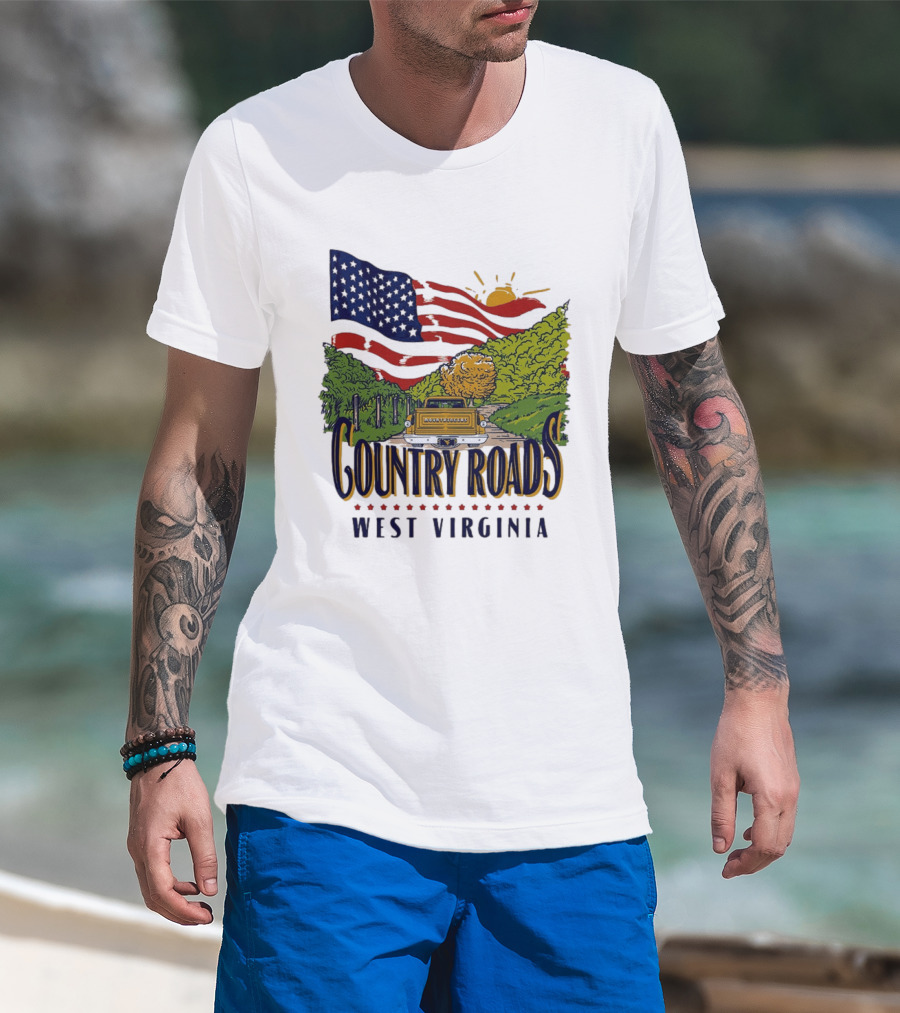 Country Roads West Virginia American USA Flag Vintage Truck Scenic Route T-Shirt