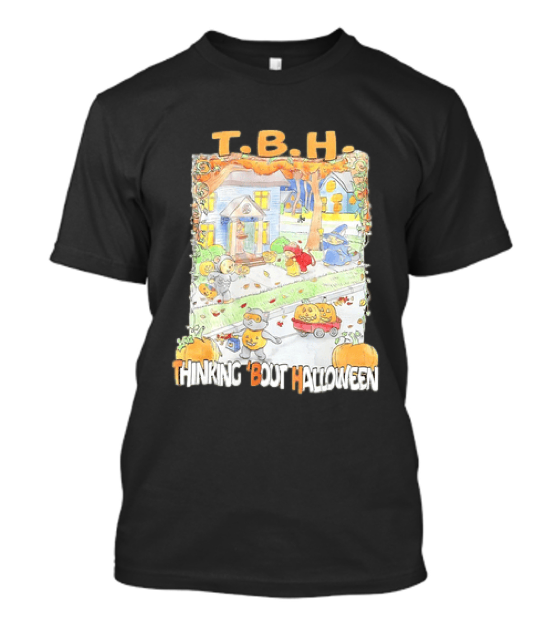 TBH Thinking 'Bout Halloween Animal Trick Or Treaters Fall Street Scene T-Shirt