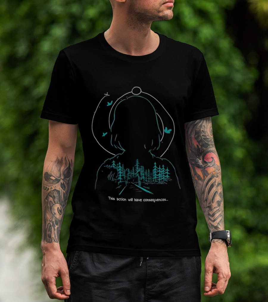 Serene Forest Silhouette With Bluebirds And Headset This Action Will Have Consequences T-Shirt
