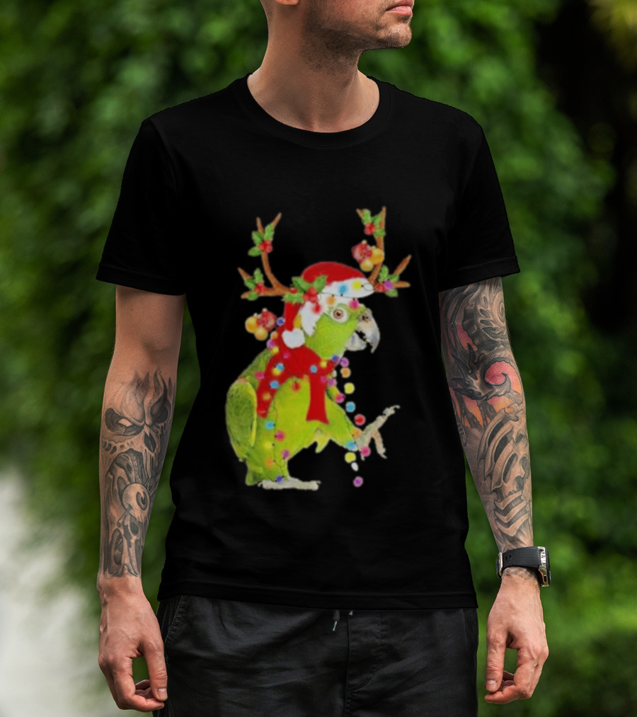 Festive Parrot Wearing Santa Hat And Reindeer Antlers T-Shirt