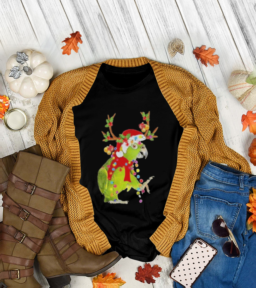 Festive Parrot Wearing Santa Hat and Reindeer Antlers T-Shirt