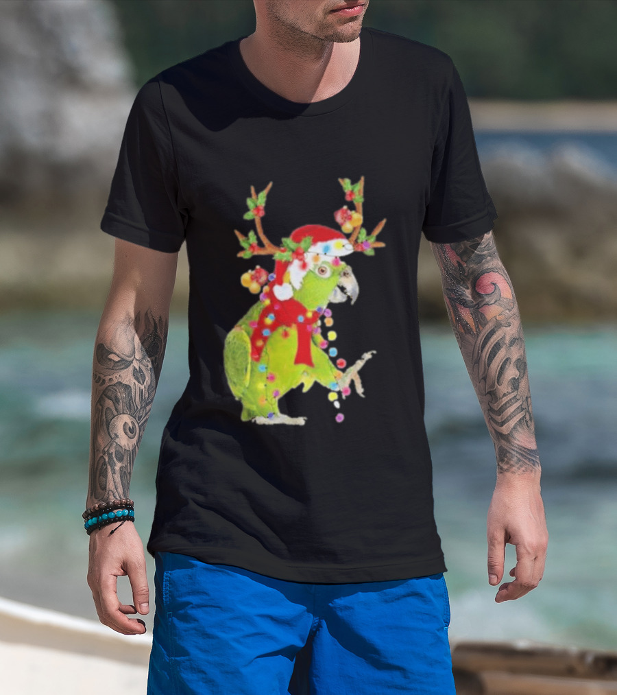 Festive Parrot Wearing Santa Hat And Reindeer Antlers T-Shirt