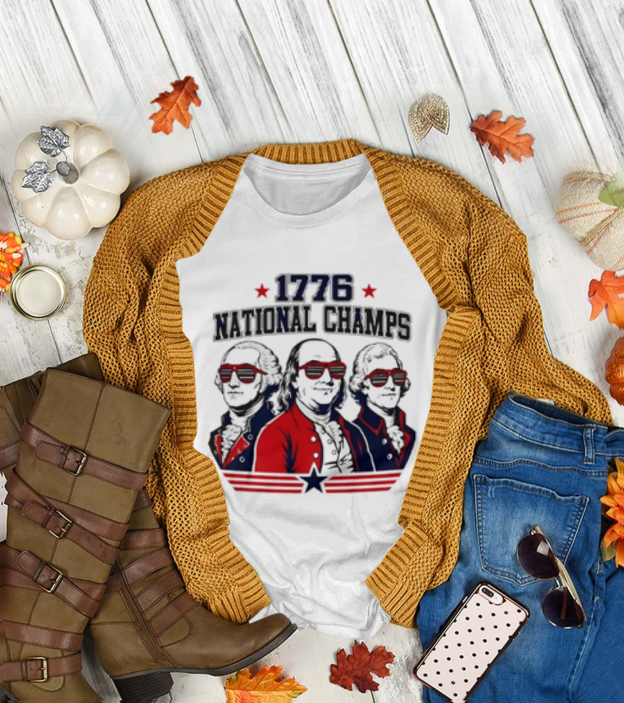 1776 National Champs Founding Fathers Red White Blue Sunglasses Stars T-Shirt