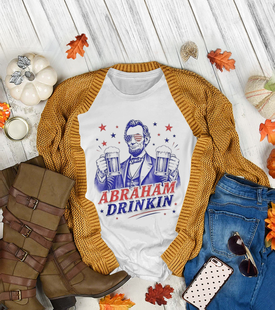 Abraham Drinkin Patriotic Beer Celebration with Stars and Sunglasses T-Shirt