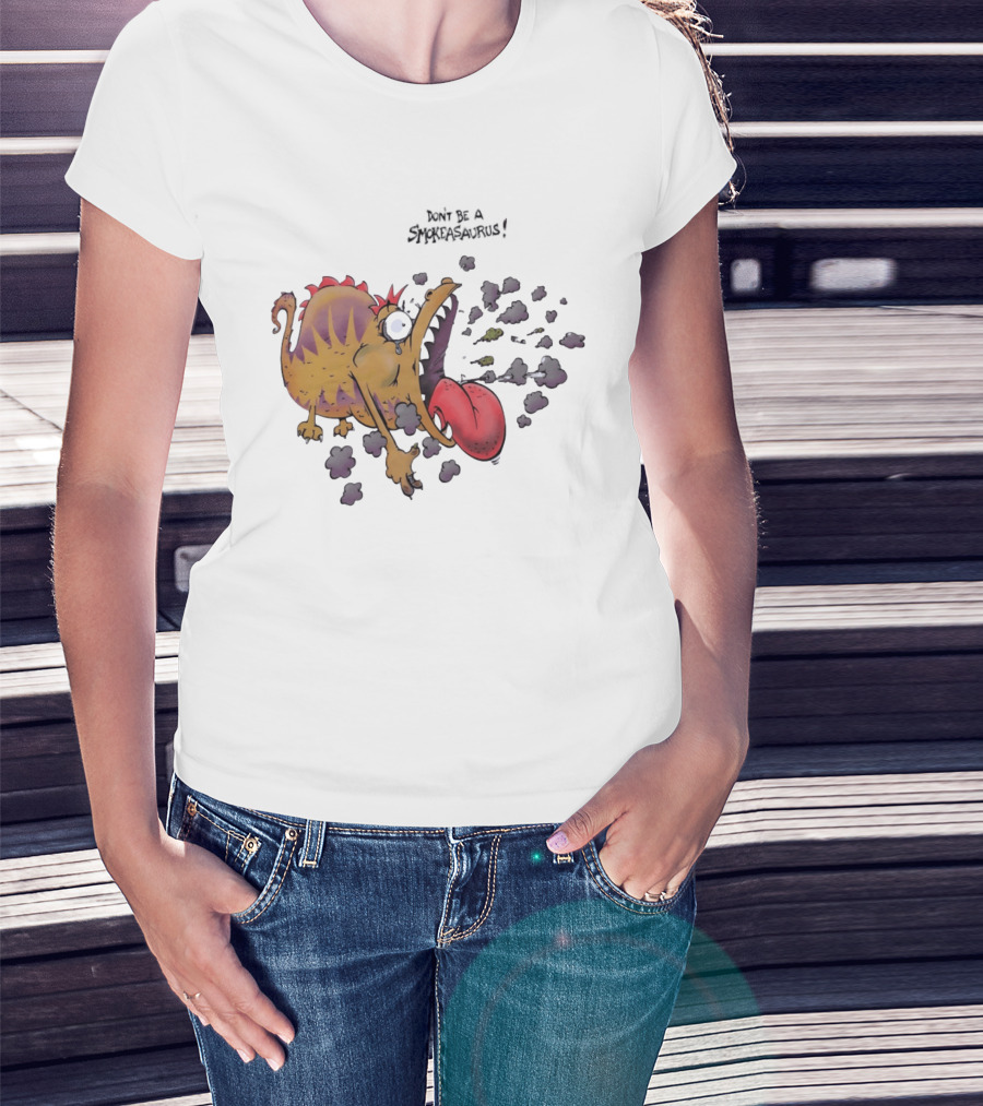 Buttoutz Don't Be A Smokeasaurus Smoking Dinosaur Cartoon Funny Anti Smoking Message T-Shirt