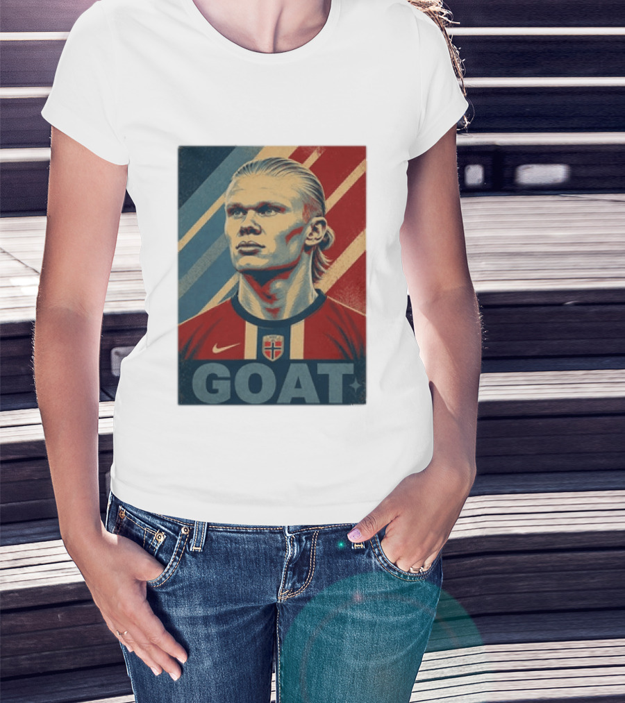 Erling Haaland G.O.A.T Norway Soccer Legend Iconic Red Blue Stripes T-Shirt