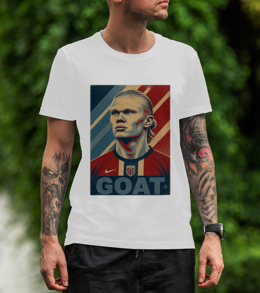 Erling Haaland G.O.A.T Norway Soccer Legend Iconic Red Blue Stripes T-Shirt
