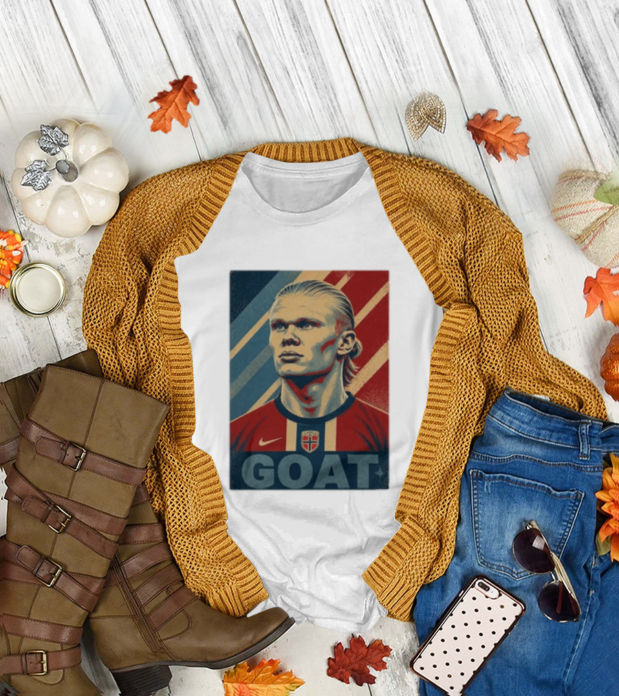 Erling Haaland G.O.A.T Norway Soccer Legend Iconic Red Blue Stripes T-Shirt