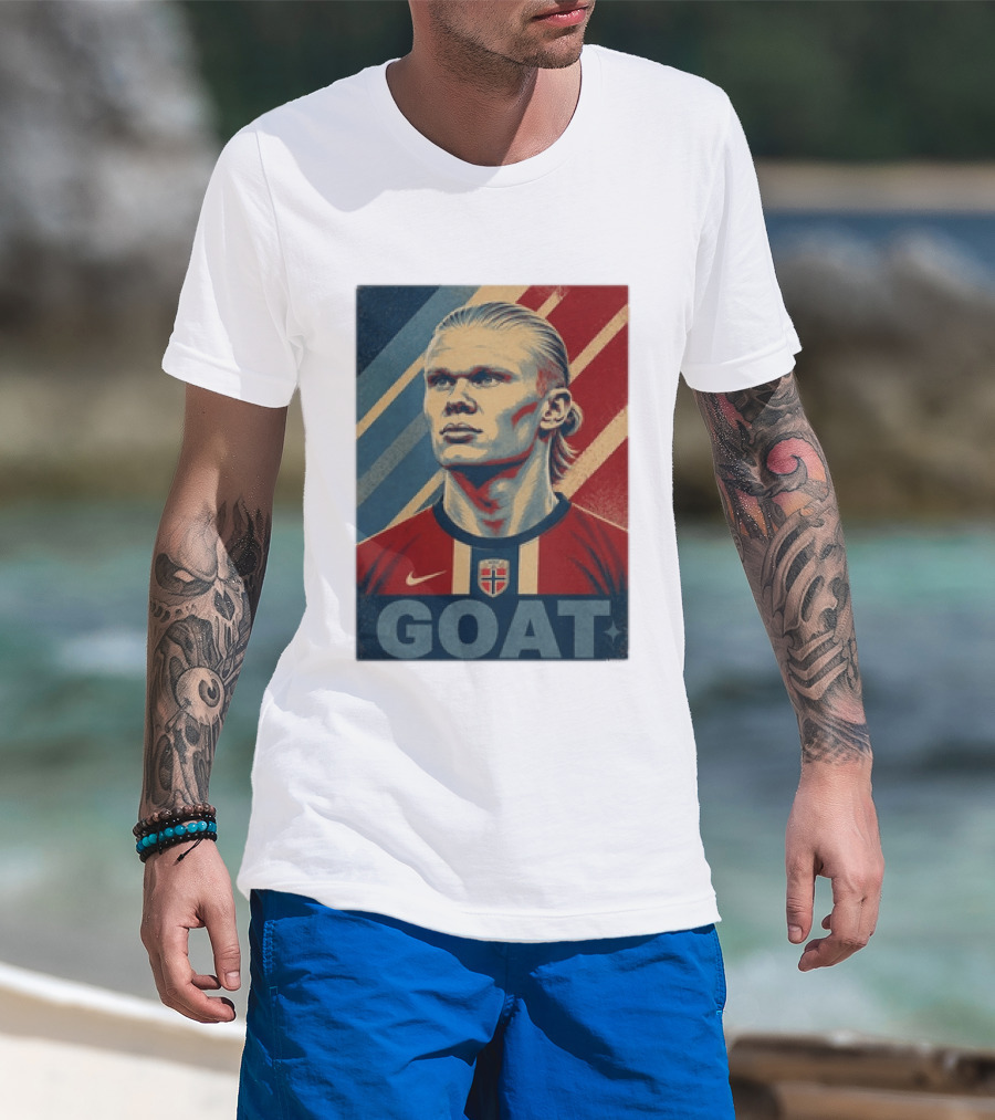 Erling Haaland G.O.A.T Norway Soccer Legend Iconic Red Blue Stripes T-Shirt