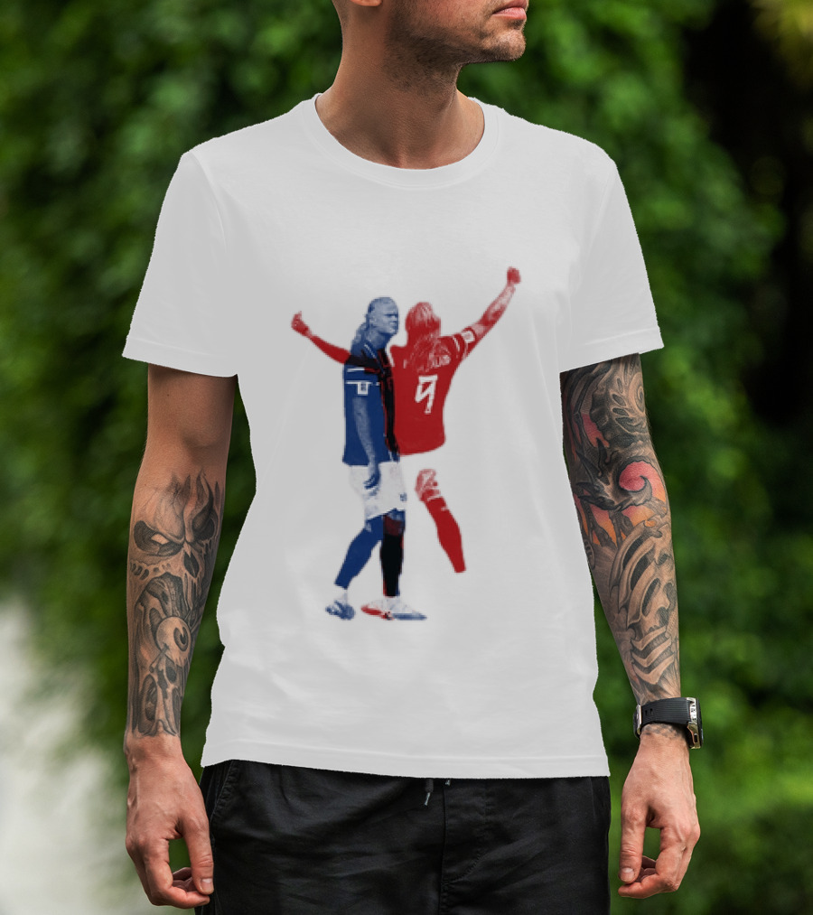 Erling Haaland Norway National Team Halftone Collage Blue And Red Number 9 T-Shirt
