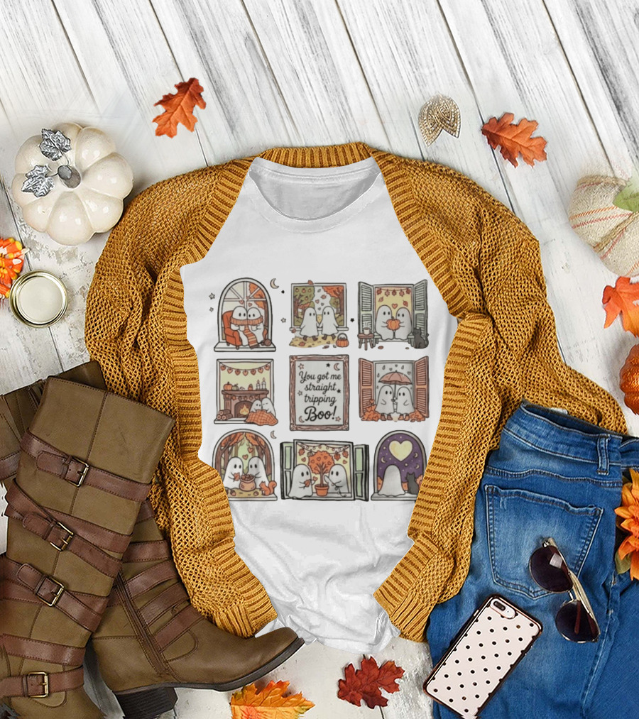 You Got Me Straight Tripping Boo Ghosts In Autumn Windows Cozy Scenes T-Shirt
