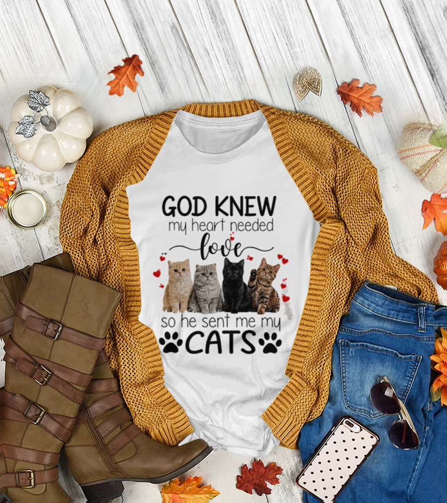 God Knew My Heart Needed Love So He Sent Me My Cats Cute Feline Companions with Paw Prints and Hearts T-Shirt