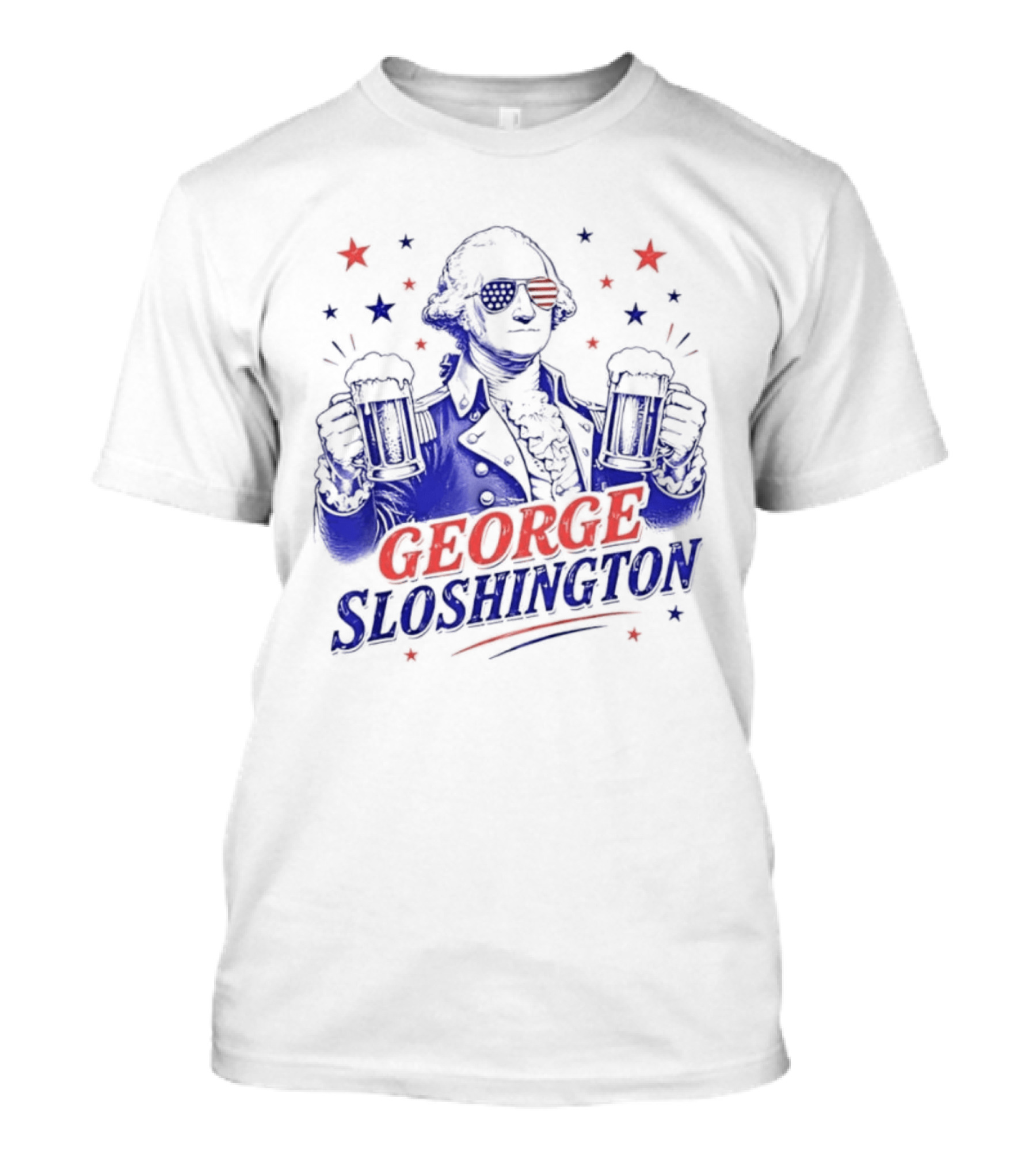 GEORGE SLOSHINGTON Party Patriot Drinking Beer Red White Blue Stars T-Shirt
