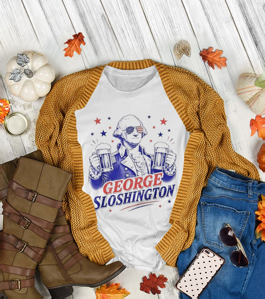GEORGE SLOSHINGTON Party Patriot Drinking Beer Red White Blue Stars T-Shirt