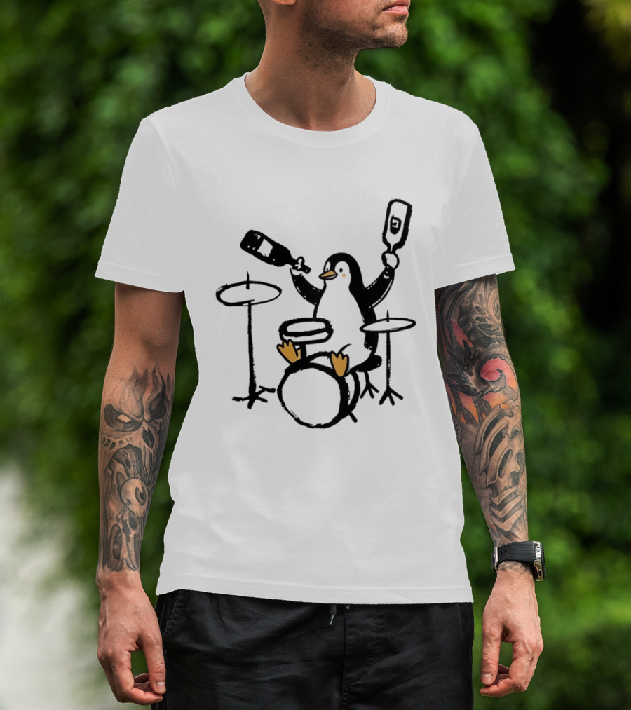 Penguin Playing Drums Drinking Wine With Bottle T-Shirt