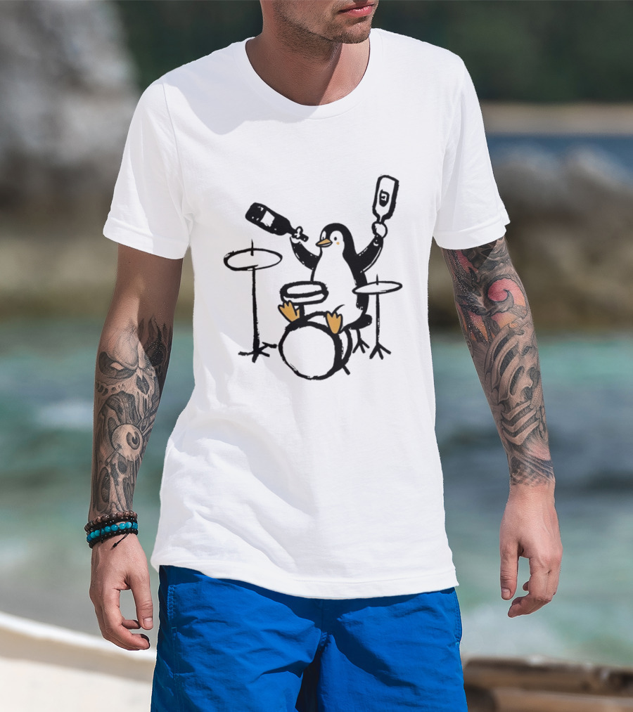 Penguin Playing Drums Drinking Wine With Bottle T-Shirt