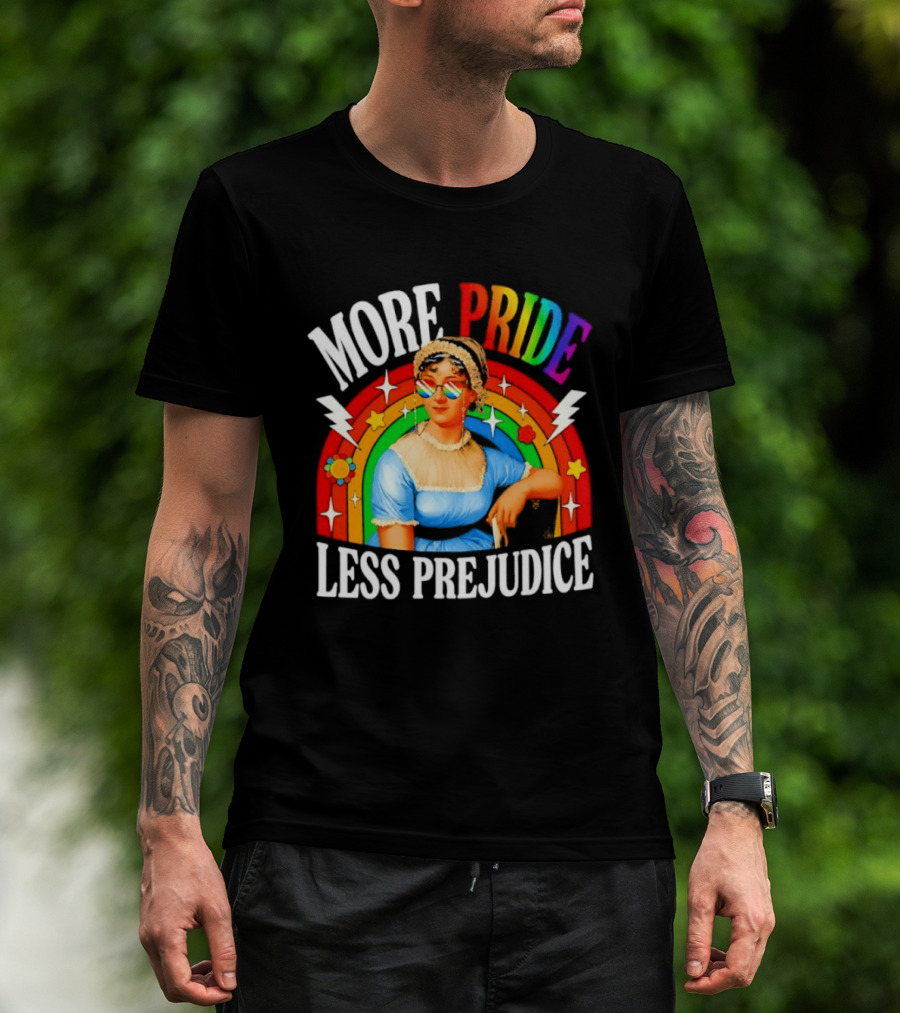 More Pride Less Prejudice LGBTQ Rainbow Heart Jane Austen Pride Month T-Shirt