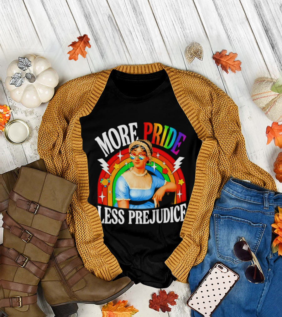 More Pride Less Prejudice LGBTQ Rainbow Heart Jane Austen Pride Month T-Shirt