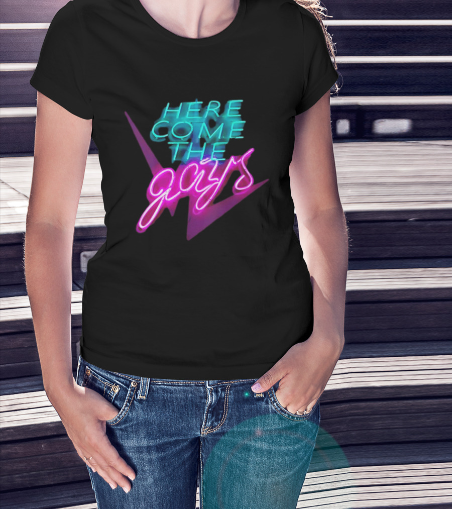 Here Come The Gays Neon Sign Vibrant LGBTQ+ Pride T-Shirt