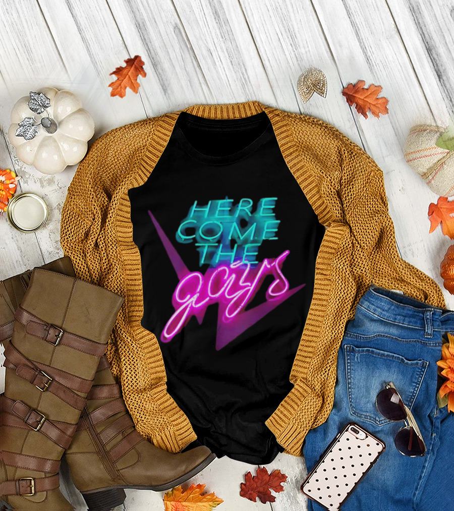 Here Come the Gays Neon Sign Vibrant LGBTQ+ Pride T-Shirt